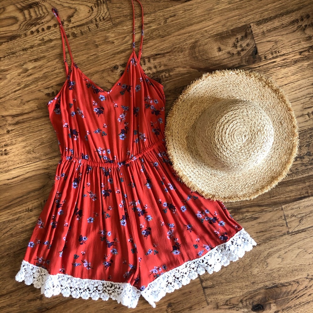 Red Floral Crochet Lace Romper
